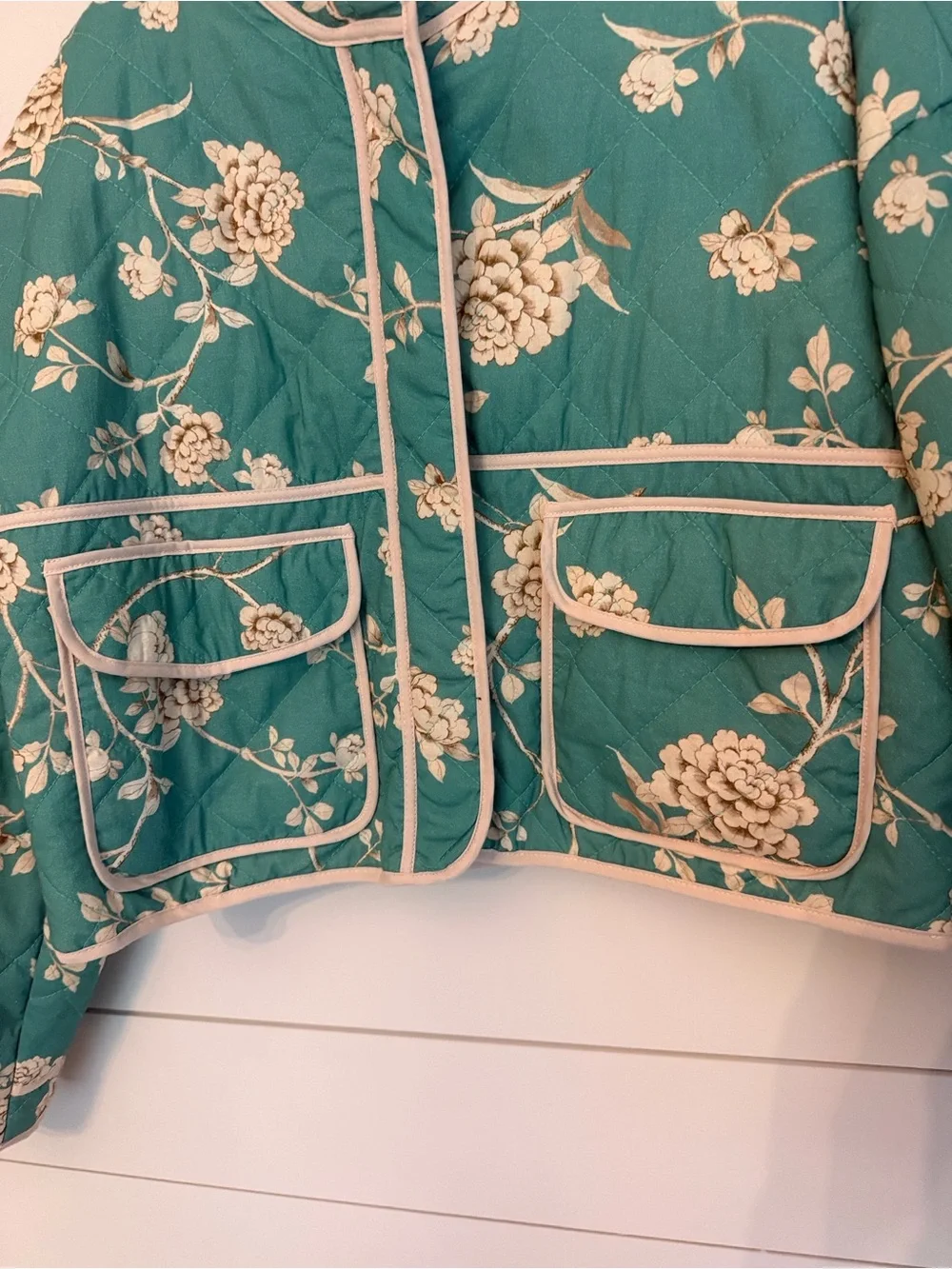 Seven for All Mankind  Floral Cropped Jacket in Teal and Cream size Med NWOT